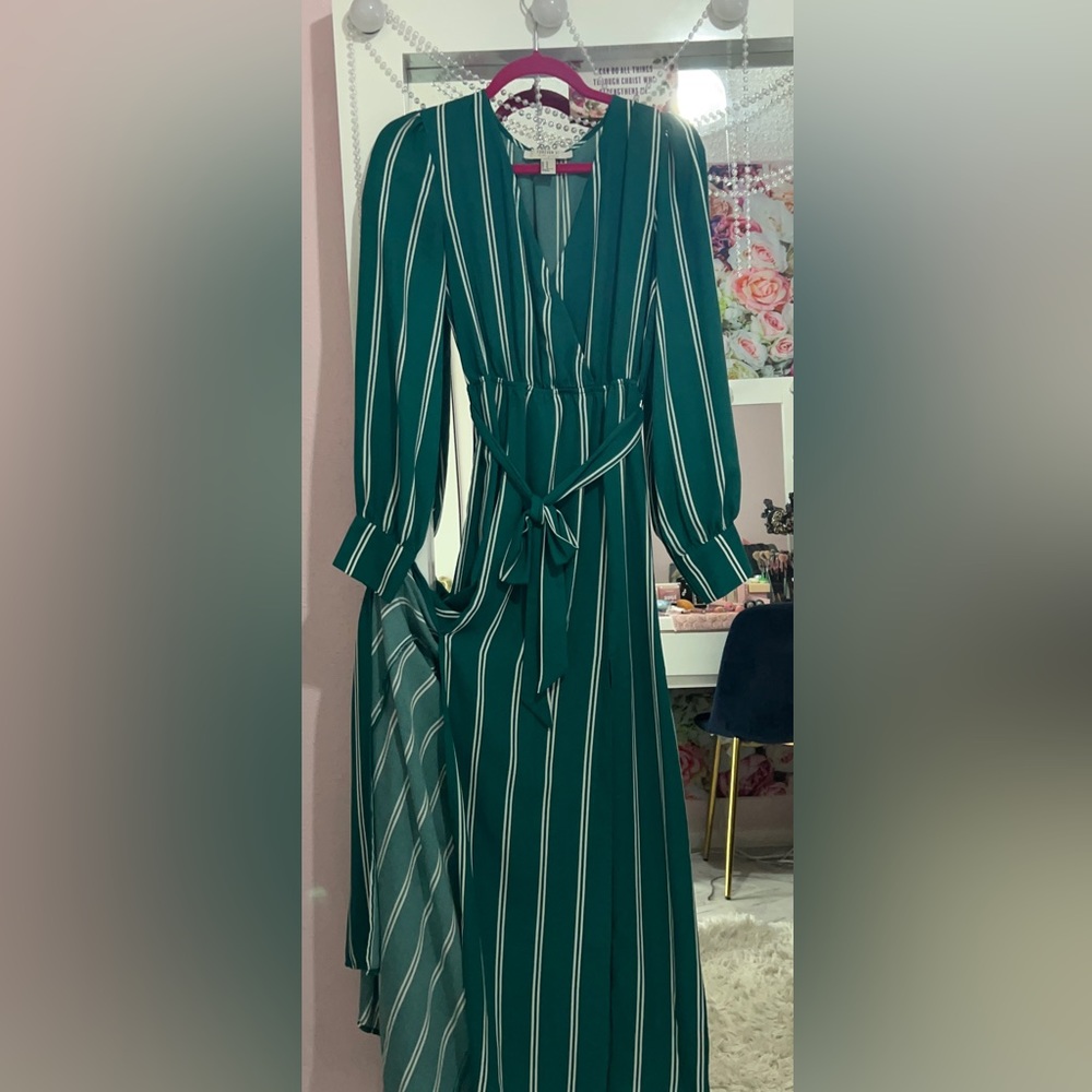 Long sleeve, long green with white stripes dress.